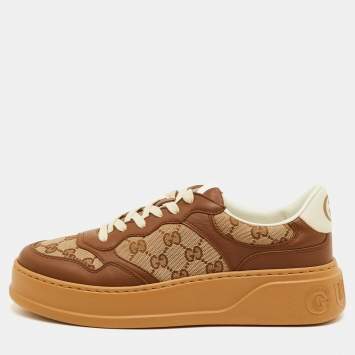 Pre Owned حذاء رياضي غوتشي سكرينير كانفاس و جلد بيج/بني منخفض من أعلى مقاس 41.5
