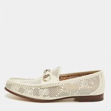 Pre Owned Gucci 1953 Horsebit Size 44.5 Off White GG Perforated Leather Loafers