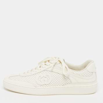 Pre Owned Gucci G75 Size 40 Off White Perforated Leather Low Top Sneakers