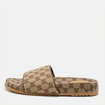 Pre Owned Gucci GG Size 43 Beige/Brown Canvas Flat Slide