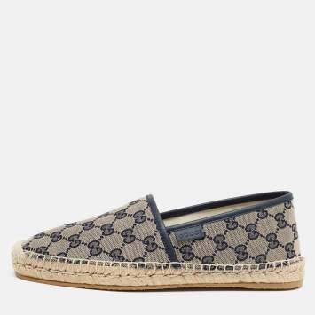 Pre Owned Gucci Size 41 Beige/Navy Blue GG Canvas and Leather Slip On Espadrille Flat
