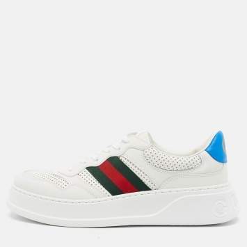 Pre Owned Gucci Chunky B Size 43 White Perforated Leather Web Lace Up Sneakers