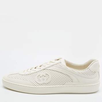 Pre Owned Gucci G75 Size 46 Cream Leather Lace Up Sneakers