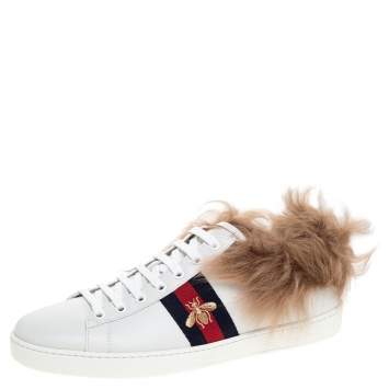 Pre Owned Gucci White Leather and Fur Ace Embroidered Bee Low Top Sneaker Size 40