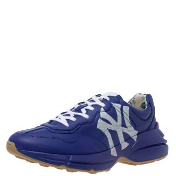 مملوكة مسبقًا Gucci Blue Leather Rhyton NY Yankees Low Top Sneakers Size 44.5