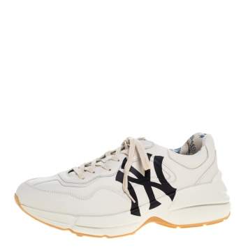 Pre Owned Gucci Cream Leather Rhyton NY Yankees Low Top Sneakers Size 43.5