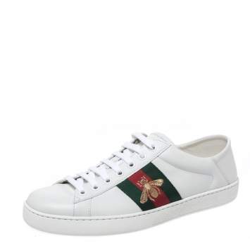 Pre Owned Gucci White Leather Embroidered Bee Ace Low-Top Sneakers Size 41