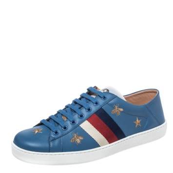 Pre Owned Gucci Blue Leather Ace Bees and Stars Embroidered Lace Up Sneakers Size 43