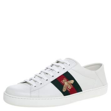Pre Owned Gucci White Leather Embroidered Bee Ace Low Top Sneakers Size 41