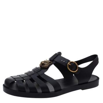 Pre Owned Gucci Black Rubber Buckle Strap Sandals Size 45