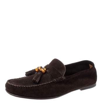 Pre Owned Gucci Brown Suede Bamboo Tassel Slip On Loafers Size 41.5