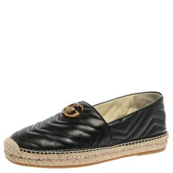 Pre Owned Gucci Black Matelasse Leather GG Marmont Espadrille Flats Size 42