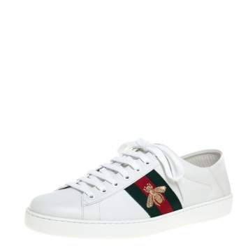 Pre Owned Gucci White Leather Embroidered Bee Ace Low Top Sneakers Size 44.5