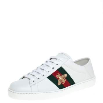 Pre Owned Gucci White Leather Bee Ace Low Top Sneakers Size 39