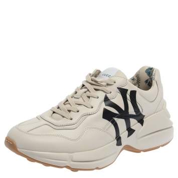 Pre Owned Gucci Mystic White Leather NY Yankees Rhyton Low Top Sneakers Size 41