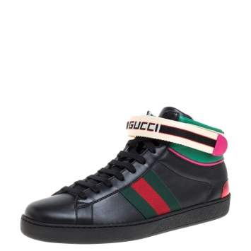 Pre Owned Gucci Black Leather Stripe Ace High Top Sneakers Size 41.5