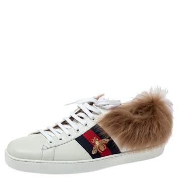 Pre Owned Gucci White Leather and Fur Ace Embroidered Bee Low Top Sneaker Size 44