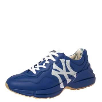 Pre Owned Gucci Blue Leather NY Yankees Rhyton Low Top Sneaker Size 43