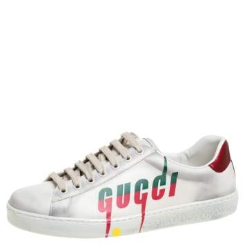 Pre Owned Gucci Off White Distressed Leather Ace Blade Print Low Top Sneakers Size 40.5