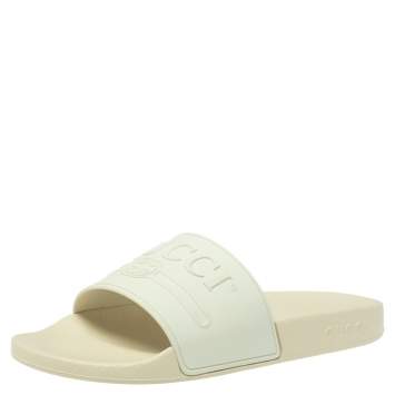 Pre Owned Gucci White Rubber Logo Pursuit Slide Sandals Size 41