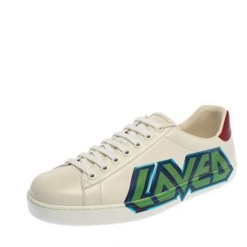 Pre Owned Gucci White Leather Ace Loved Print Low Top Sneakers Size 41.5