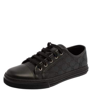Pre Owned Gucci Grey/Black GG Canvas And Leather Low Top Lace Up Sneakers Size 39.5