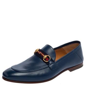 Pre Owned Gucci Blue Leather Horsebit Slip On  Loafers Size 42
