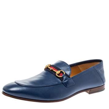 Pre Owned Gucci Blue Leather Web Horsebit Slip On Moccasins Size 44.5