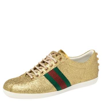 Pre Owned Gucci Gold Glitter Leather Bambi Sneaker Size 40
