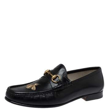 Pre Owned Gucci Black Leather Bee Embroidered Horsebit Slip On Loafers Size 43.5