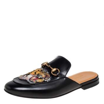 Pre Owned Gucci Black Tiger Embroidered Leather Horsebit Princetown Mules Size 42