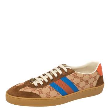 Pre Owned Gucci Beige/Brown GG Canvas And Leather JBG Web Lace Up Sneakers Size 45