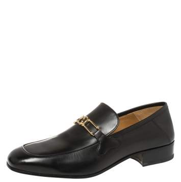 Pre Owned Gucci Black Leather Interlocking GG Loafers Size 43