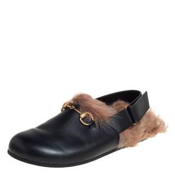Pre Owned Gucci Black Leather And Fur River Sling Horsebit Sandals Size 40.5