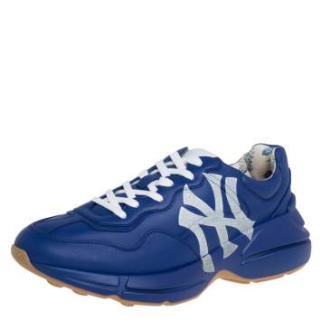 Pre Owned Gucci Blue Leather Rhyton NY Yankees Low Top Sneakers Size 41