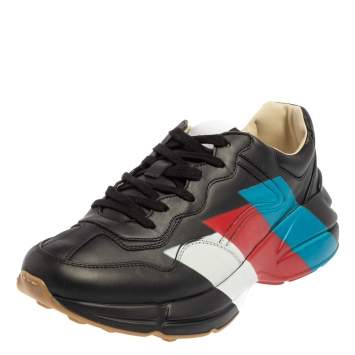 Pre Owned Gucci Black Leather Rhyton Web Print Sneaker Size 43