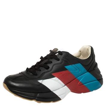 Pre Owned Gucci Black Leather Rhyton Web Print Sneakers Size 42