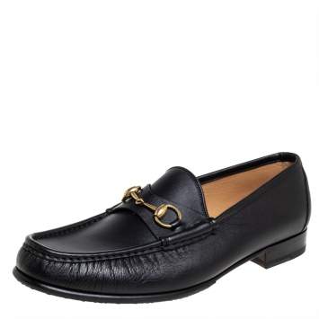 Pre Owned Gucci Black Leather Horsebit Slip On Loafers Size 46.5