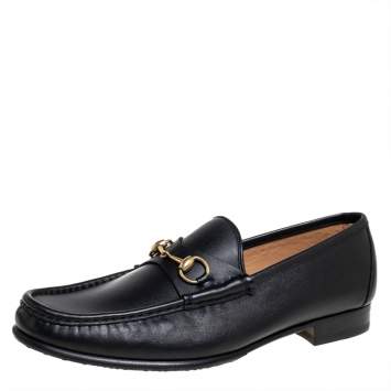 Pre Owned Gucci Black Leather Horsebit Slip On Loafers Size 46.5