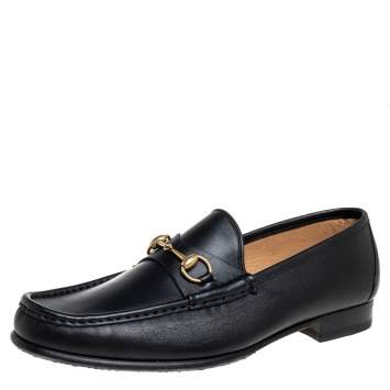 Pre Owned Gucci Black Leather Horsebit Slip On Loafers Size 46.5