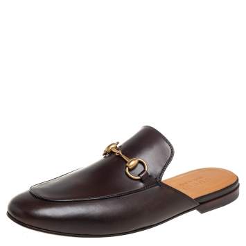 Pre Owned Gucci Brown Leather Princetown Horsebit Mules Size 41