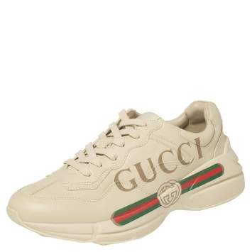 Pre Owned Gucci Cream Leather Rhyton Low Top Sneakers Size 42