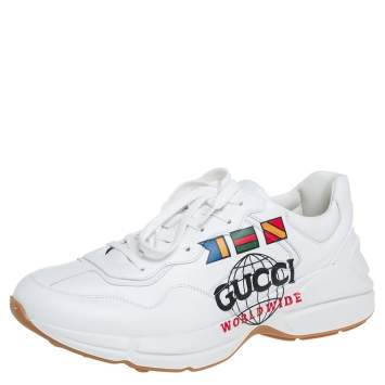 Pre Owned Gucci White Leather Rhyton Worldwide Print Low Top Sneakers Size 44.5