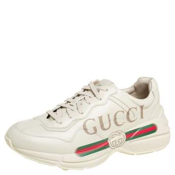 Pre Owned Gucci Cream Leather Rhyton Gucci Logo Low Top Sneakers Size 42