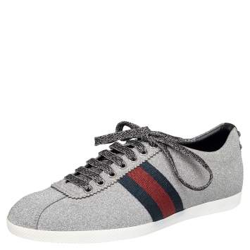 Pre Owned Gucci Silver Glitter Bambi Web Detail Low Top Sneakers Size 41