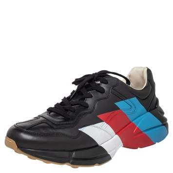 Pre Owned Gucci Black Leather Rhyton Web Print Low Top Sneakers Size 44
