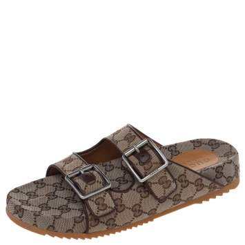 Pre Owned Gucci Beige GG Canvas And Leather Sandals Size 42