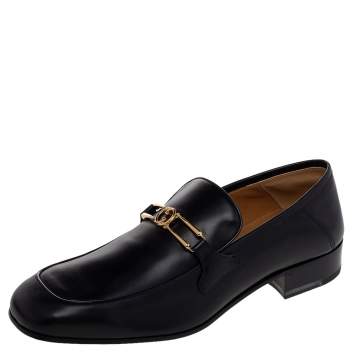 Pre Owned Gucci Black Leather Interlocking G Slip On Loafers Size 44