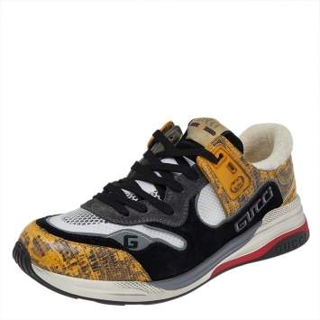 Pre Owned Gucci Multicolor Lizard Embossed Leather And Mesh Ultrapace Lace Up Sneakers Size 42.5