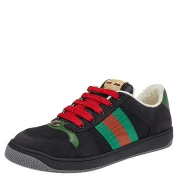 Pre Owned Gucci Black Leather And Canvas Web Lace Up Sneakers Size 42.5